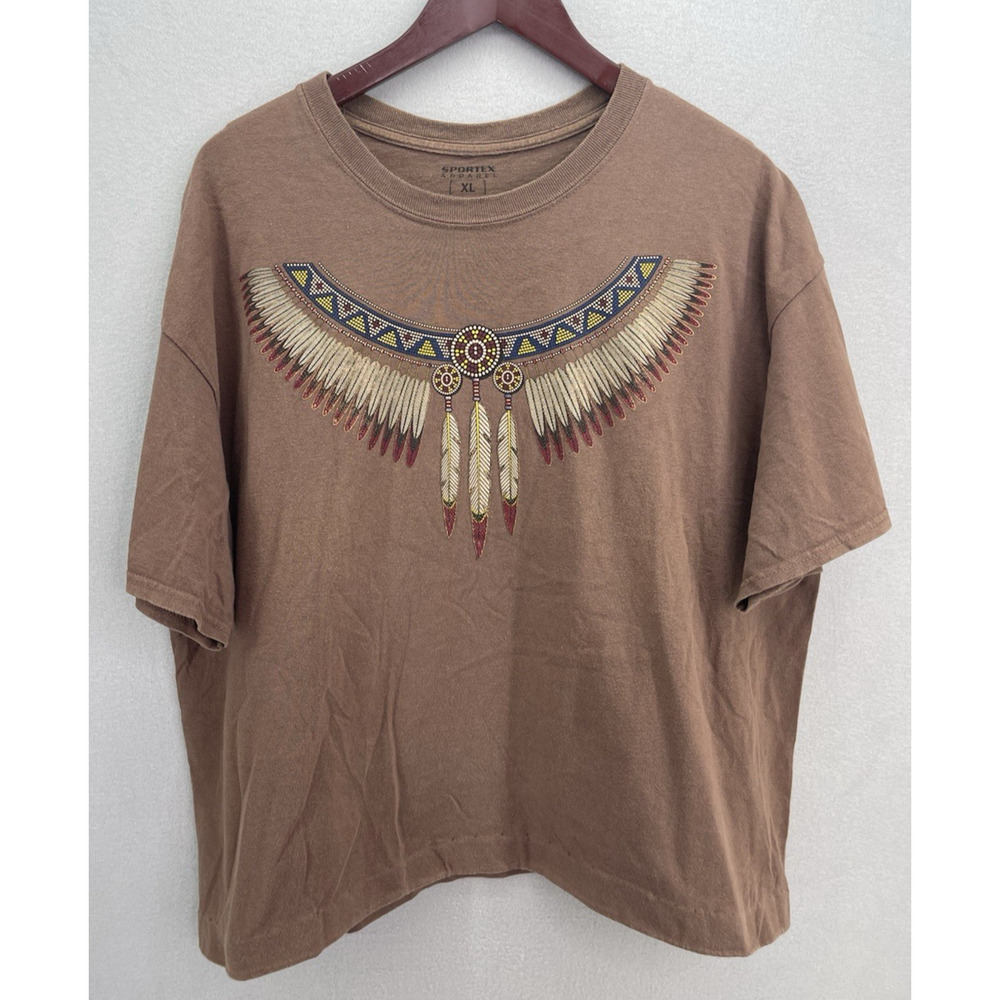 VTG 90s Native Feather Graphic Single Stitch Sportex Brown T-Shirt XL Made USA